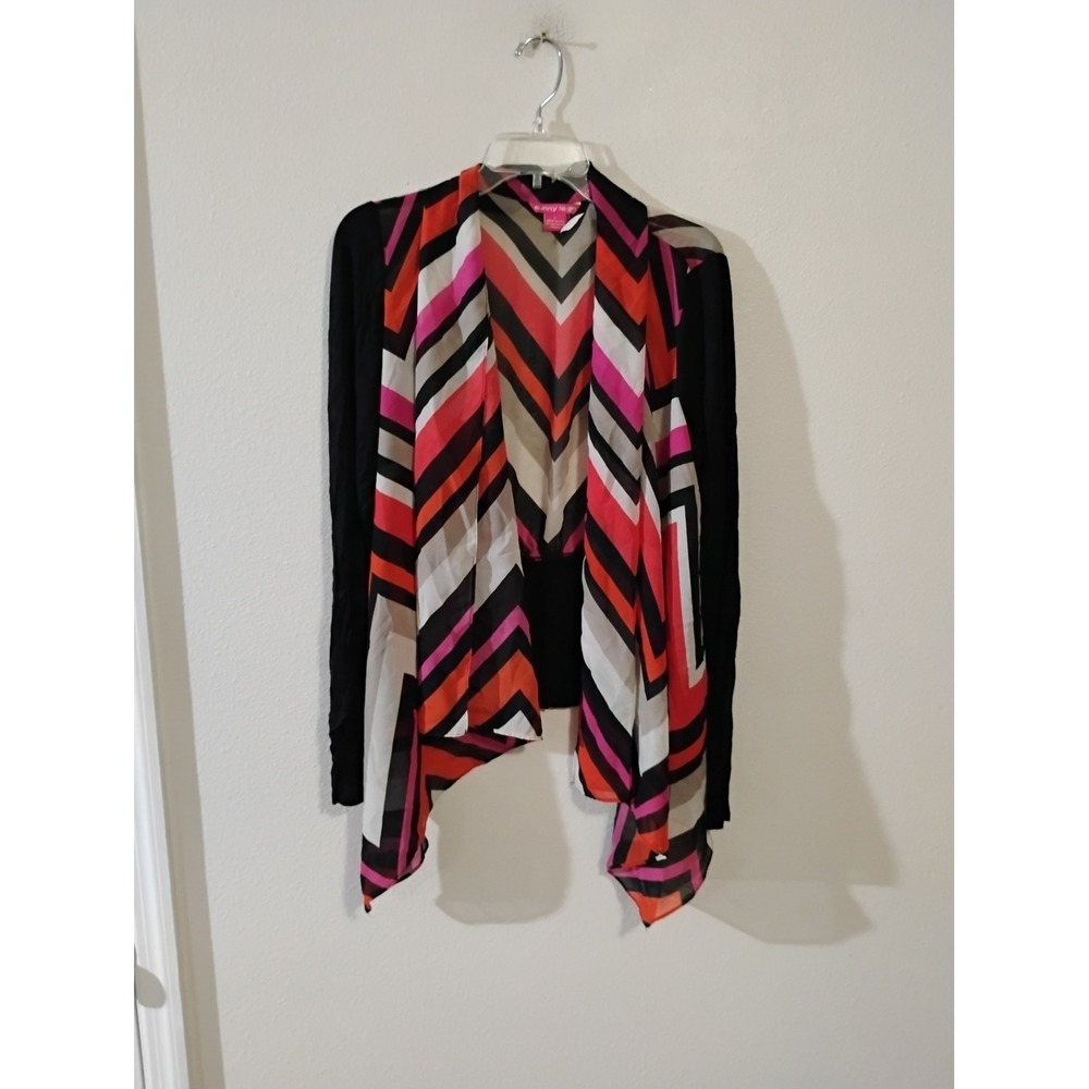 Sunny Leigh Chevron Open Front Cardigan Black Pink Orange Geometric Draped Large